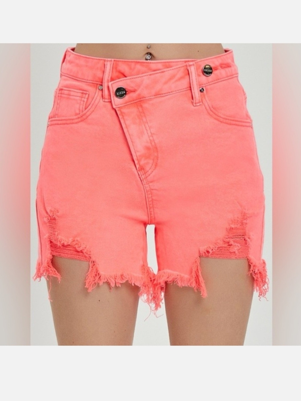 Risen Acid Wash PINK Pink Frayed Hem Denim Shorts SIZE L